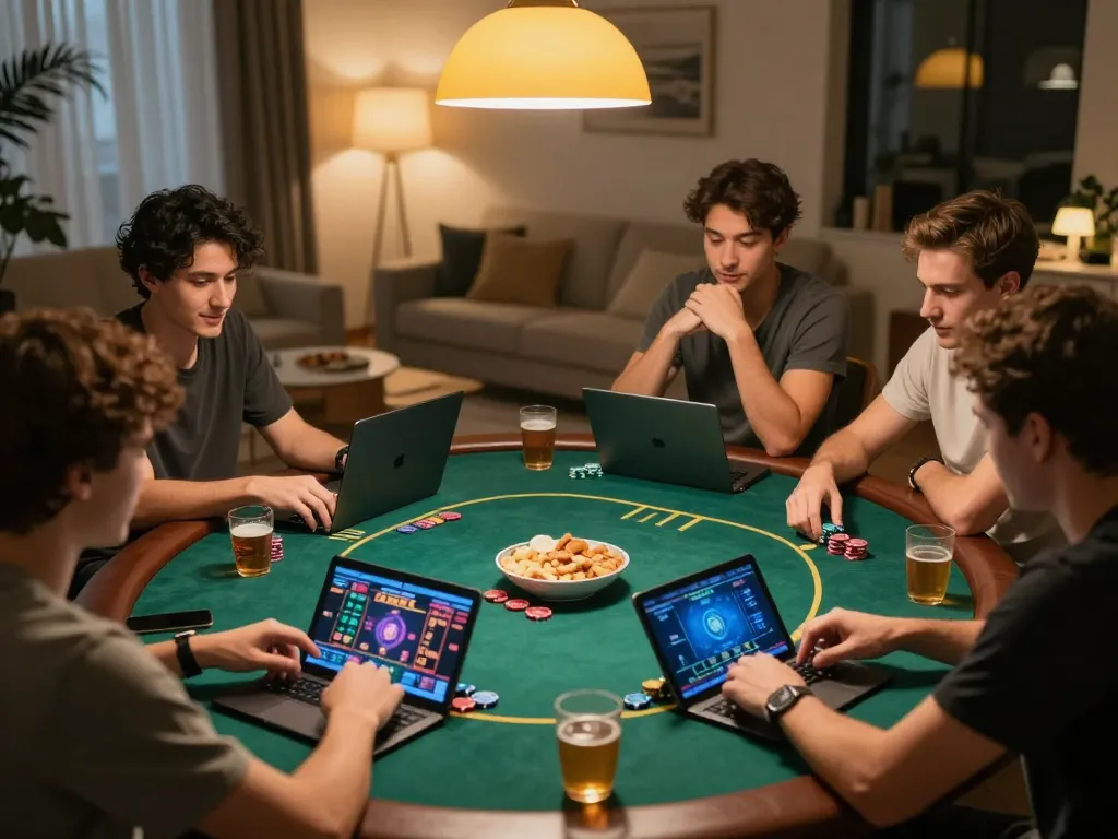 Engaging friends playing online poker at home, showcasing HARGATOTO on their screens for strategic gaming.