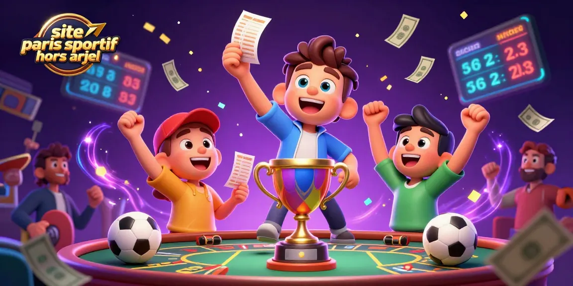 Pariez sur le site paris sportif hors ARJEL avec des trophées et des tickets de pari animés dans une scène festive.