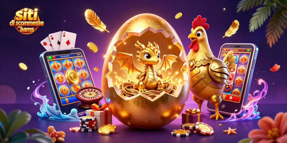 Scopri i siti di scommesse non AAMS con un drago d'oro, giochi e chip da poker in un'illustrazione casinò coinvolgente.