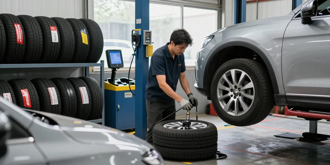 Professional tire services technician changing a tire in a modern workshop with various equipment and tools.
