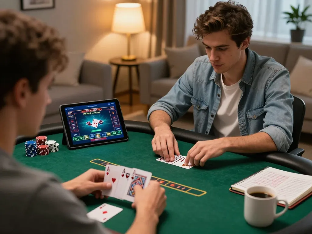 Player engaging in strategic online poker gameplay on BK8 at home with tablet and notebook.