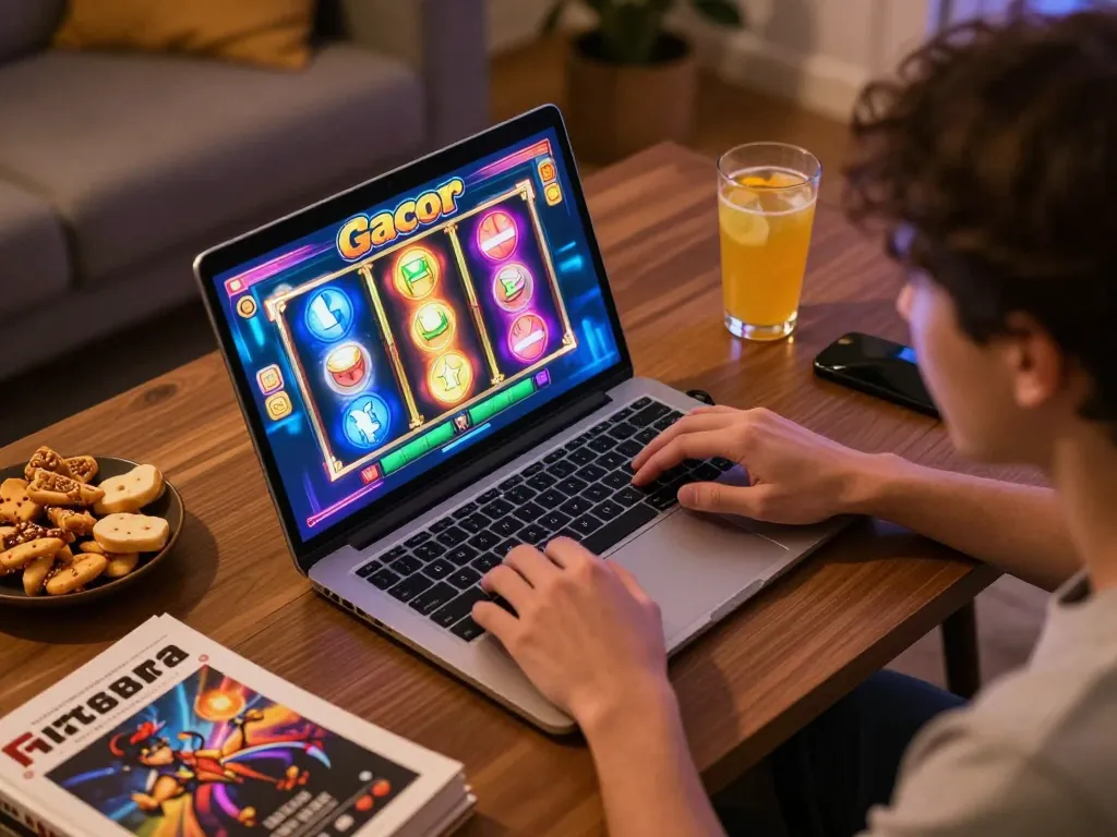 Engaging in slot gacor gameplay with colorful reels spinning on laptop in cozy home setup.
