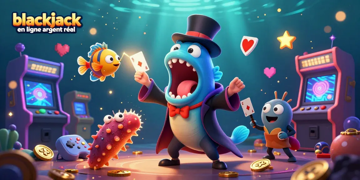 Jouez au blackjack en ligne argent réel avec une illustration 3D captivante d'un poisson-lanterne et d'un murène goulue.