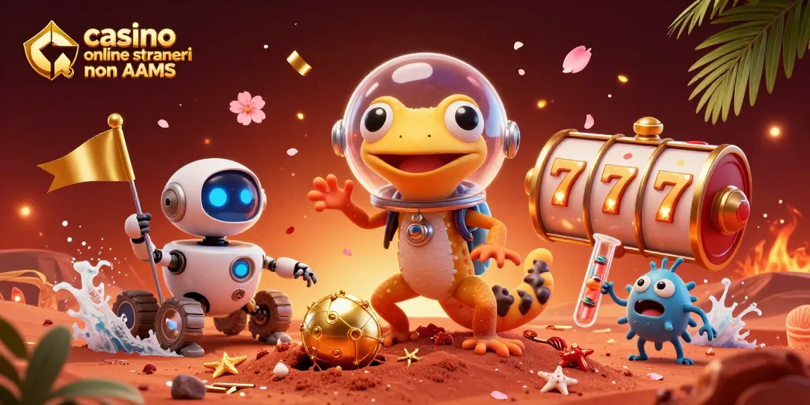 Scopri i migliori casino online stranieri non AAMS con il gecko spaziale e robot, circondati da elementi fortunati.