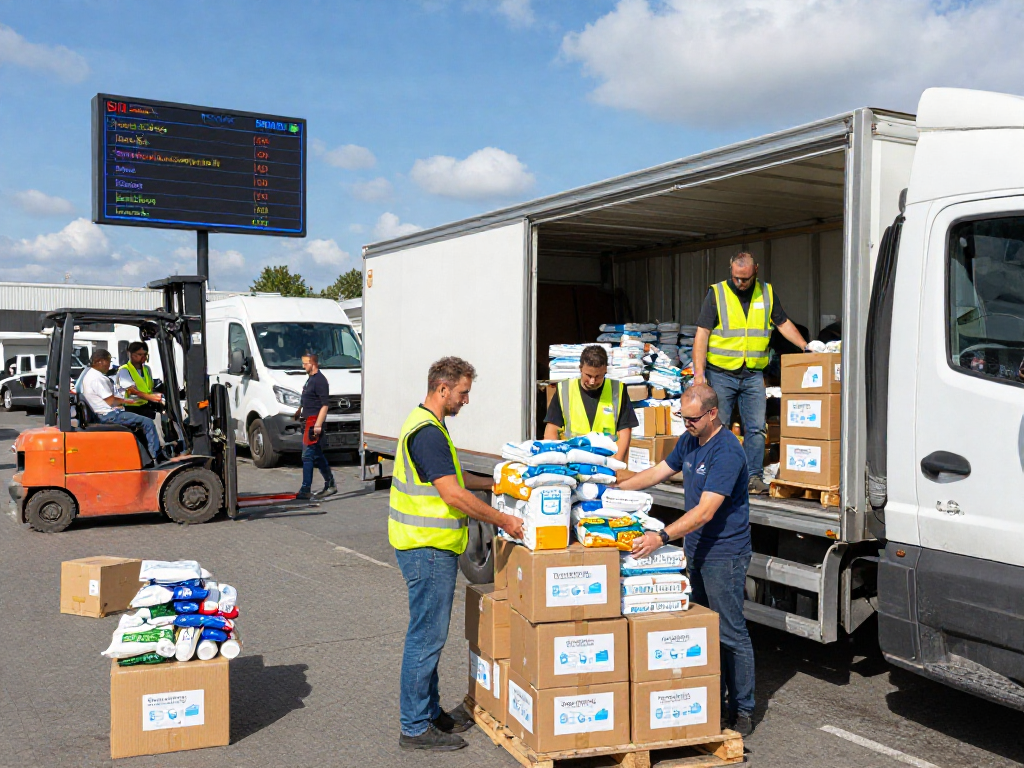 Hilfsgütertransport in Dortmund mit engagierten Mitarbeitern, die medizinische und Lebensmittelhilfe verladen.