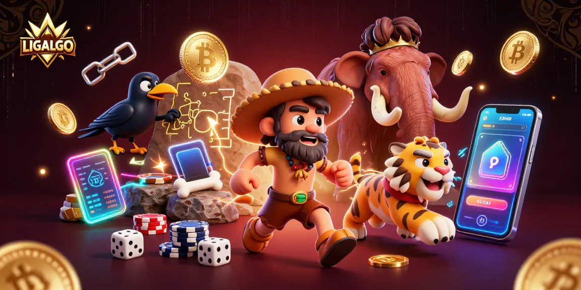 LIGALGO illustrates caveman and sabertooth casino with glowing crypto elements