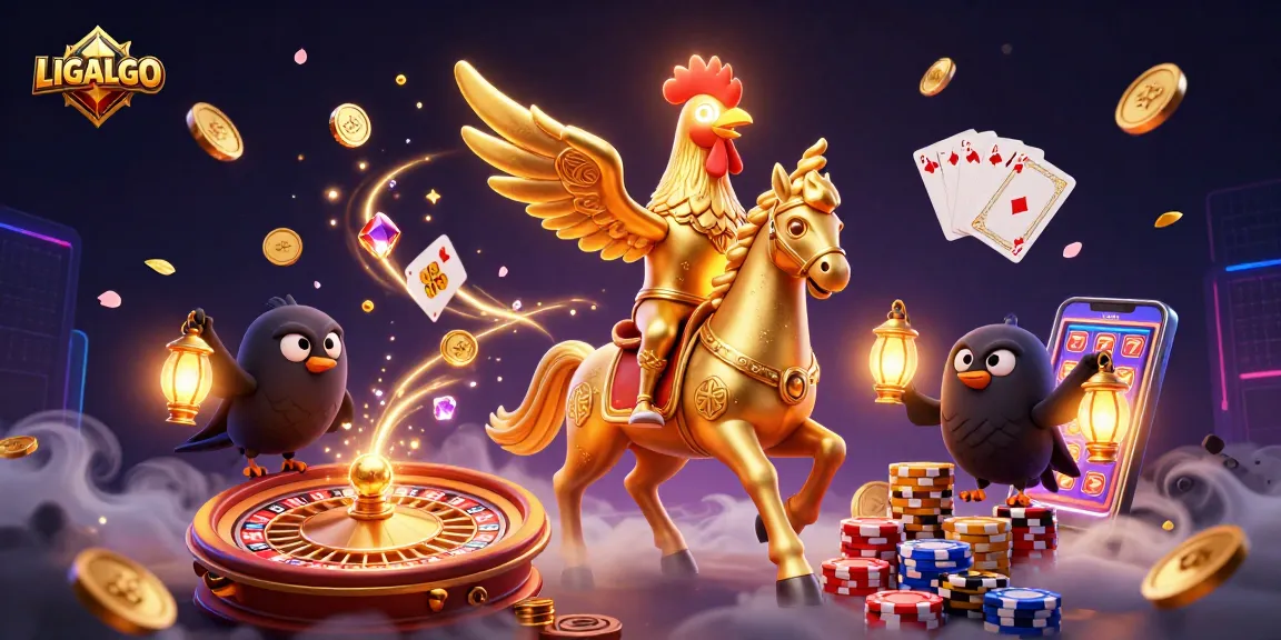 LIGALGO showcases a golden rooster and spectral horse amidst dynamic casino action, featuring coins and cards.