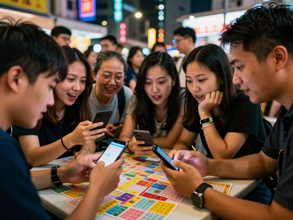 Excited group checking HK Lotto results in vibrant urban setting