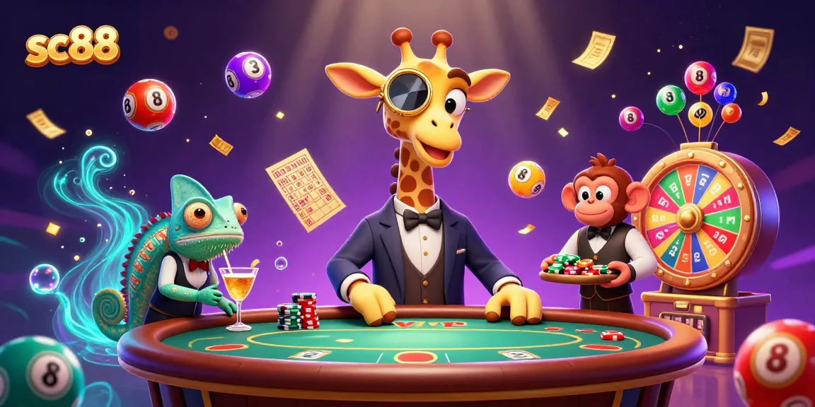 Experience the excitement of sc88 at this vibrant casino scene with high-roller giraffe and colorful lottery elements.