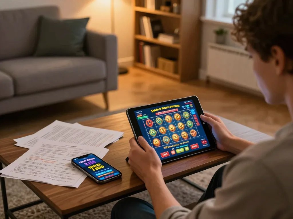 Engaging in exciting slot deposit 1000 gameplay on a tablet in a cozy home setting.