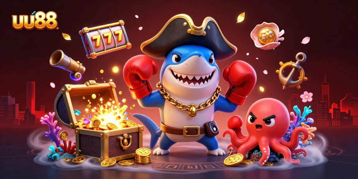 uu88 showcases a vibrant 3D scene with a pirate shark, pufferfish, and octopus in a casino adventure.