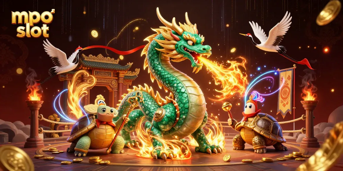 Experience mpo slot excitement with vibrant dragons, cranes, and gaming elements in a dynamic casino scene.