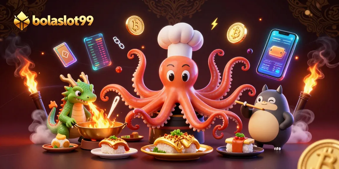 Bolaslot99 showcases vibrant casino action with a chef octopus, fiery dragon, and tanuki customer.