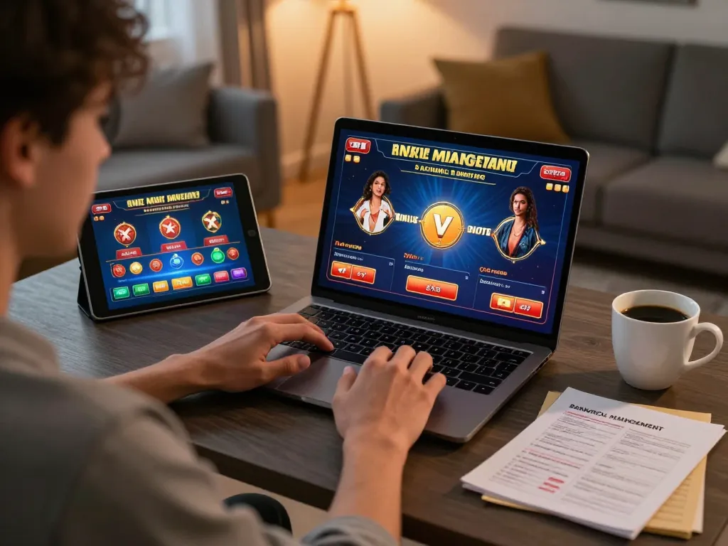 Person engaging in online poker gameplay at home, showcasing link 98win on laptop screen for strategic gaming experience.