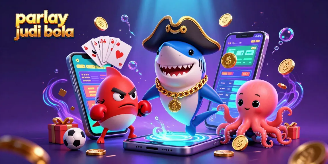 Bet on parlay judi bola with colorful betting elements, showcasing a pirate shark and friends