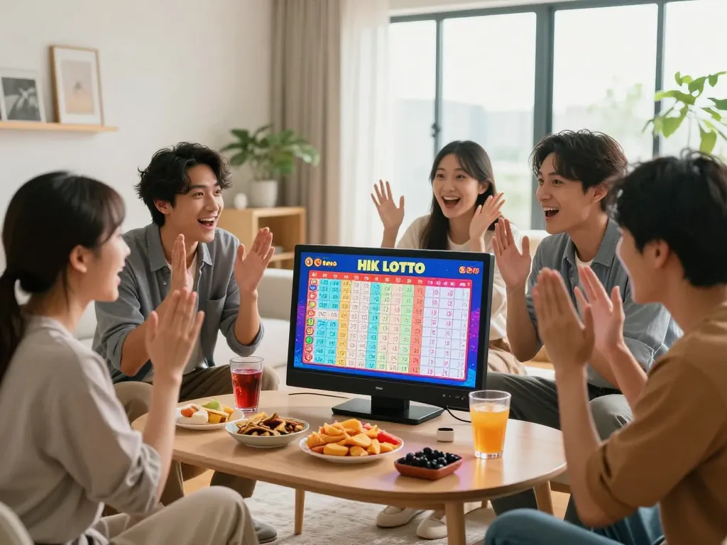 Friends celebrating while watching HK Lotto live results in a modern living room.