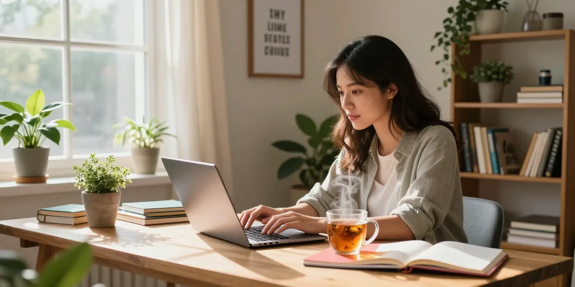Cozy home office blogging scene showcasing inviting workspace with more from our blog theme.