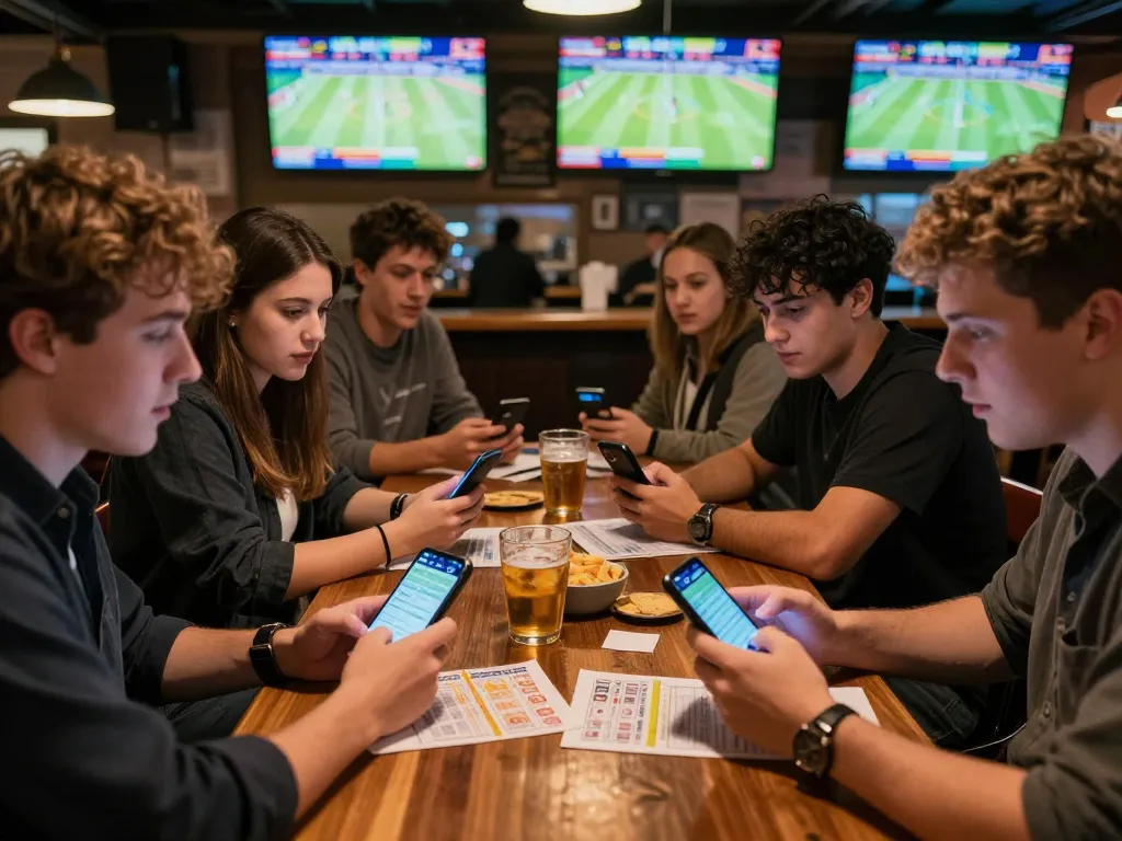 Fans placing bets on ax88 sports app while enjoying a lively sports bar atmosphere.