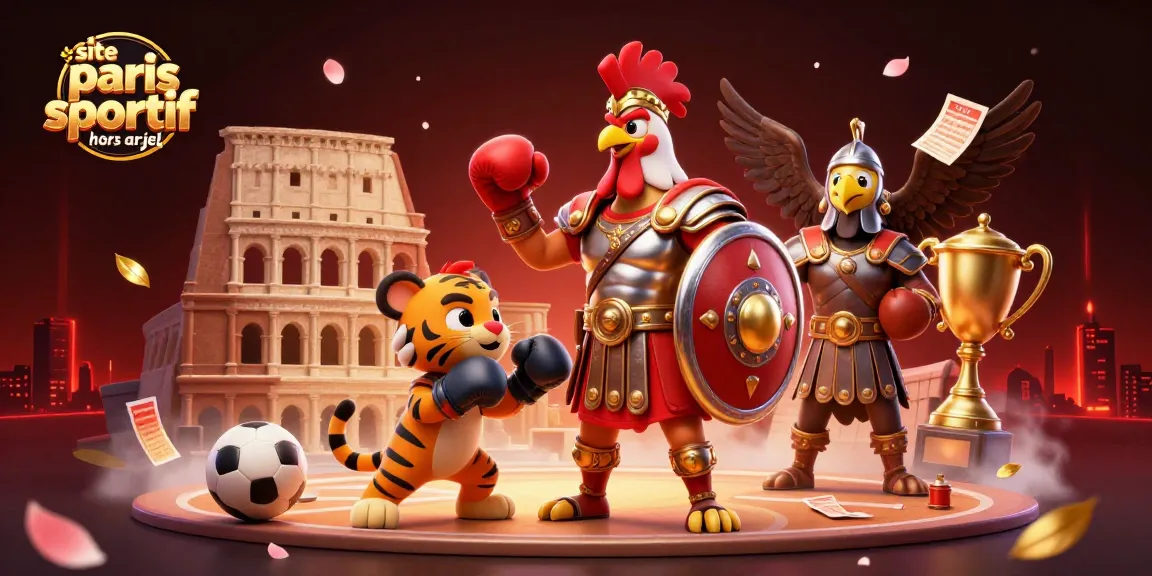 Des paris sportifs dynamiques sur un site paris sportif hors ARJEL, avec un coq gladiateur et un tigre cub face à un fond lumineux.
