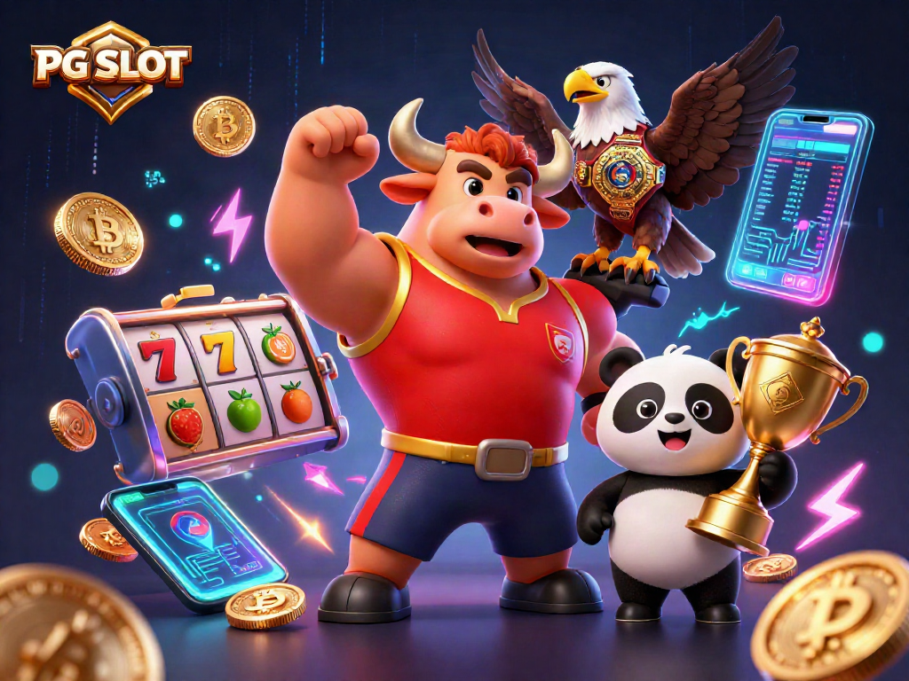 Win big with PG SLOT in this vibrant 3D casino scene featuring joyful characters and crypto elements.