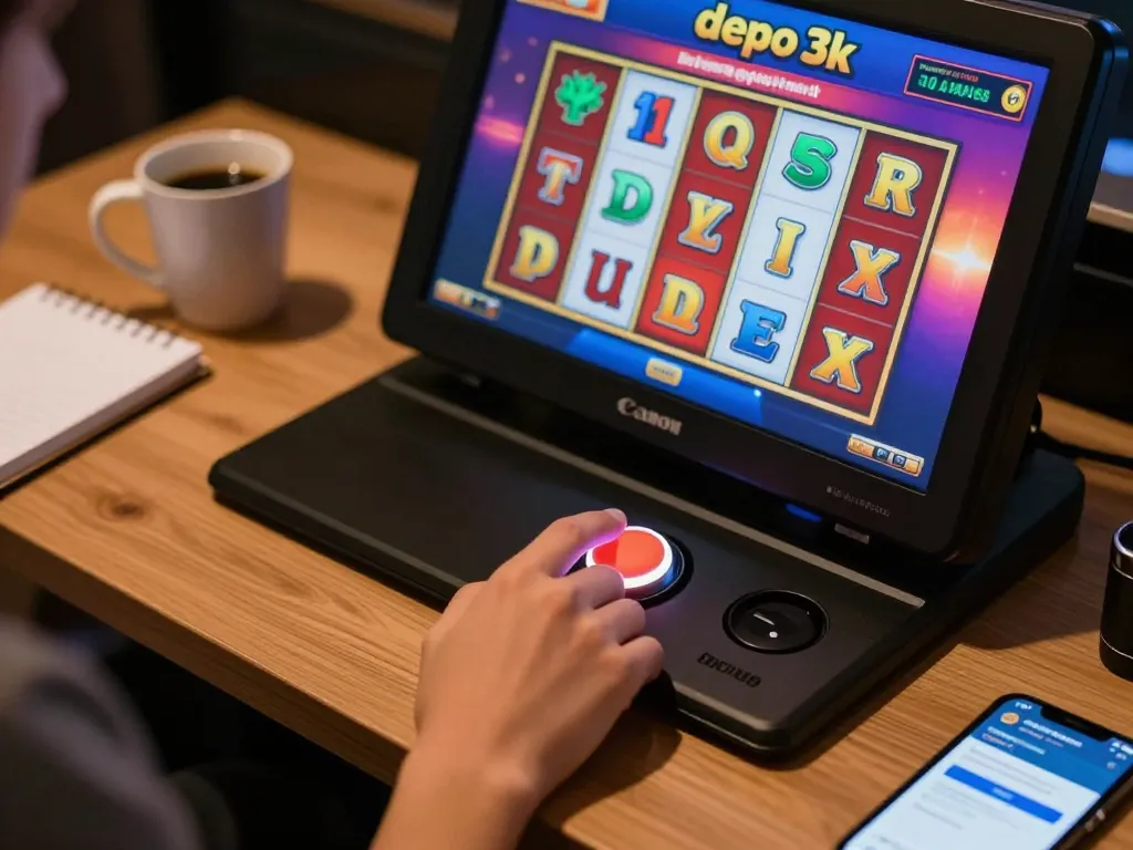 Engaging gameplay on slot depo 3k platform, fingers pressing spin button on colorful slot game interface.
