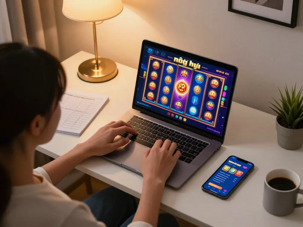 Engaging in nổ hũ online gaming on a laptop with colorful interface and betting options visible