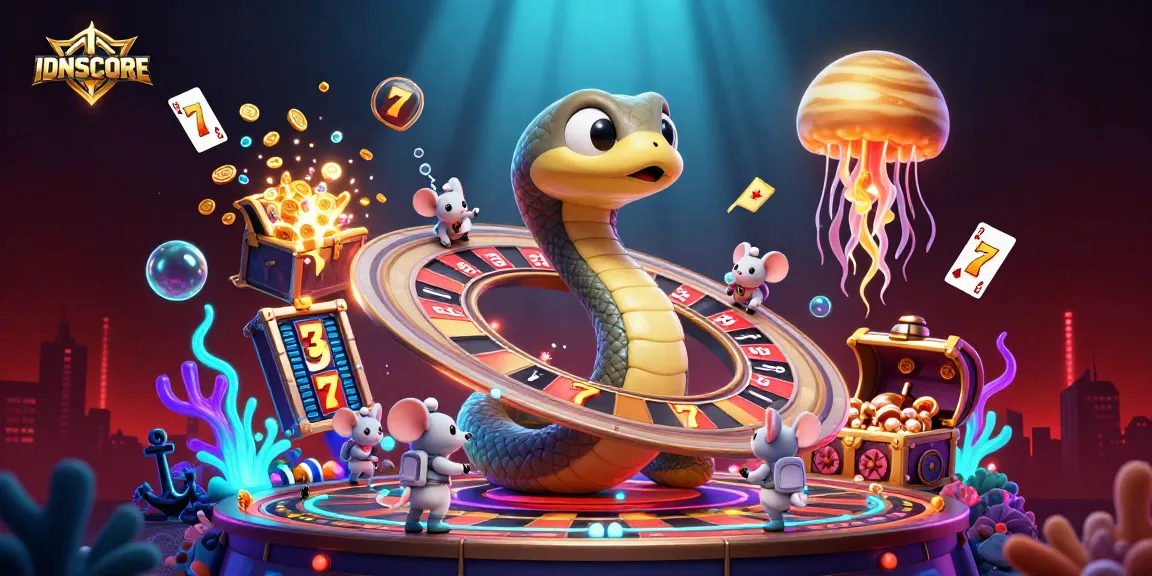 Experience the excitement of IDNSCORE with a vibrant 3D illustration showcasing casino elements and space-themed characters.