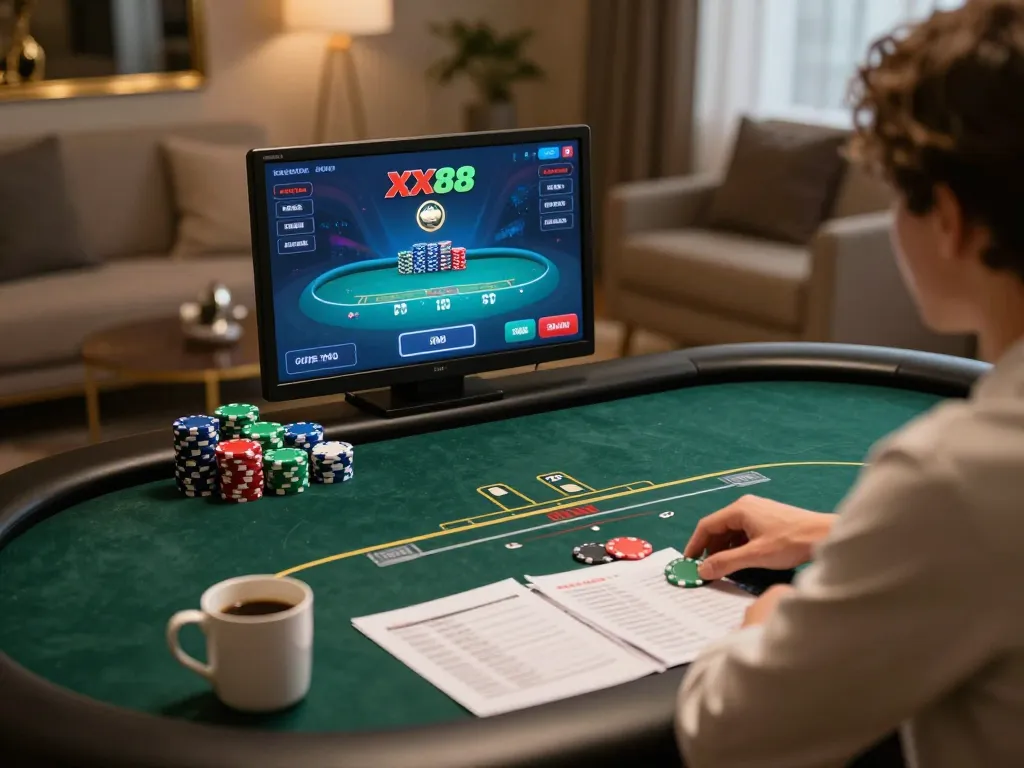 Player engaging in exciting online poker at XX88 platform, showcasing strategic gameplay and immersive home atmosphere.