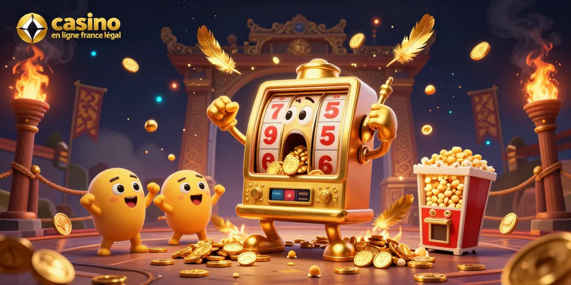 Illustration captivante d'un casino en ligne France légal avec des machines à sous et une ambiance festive.