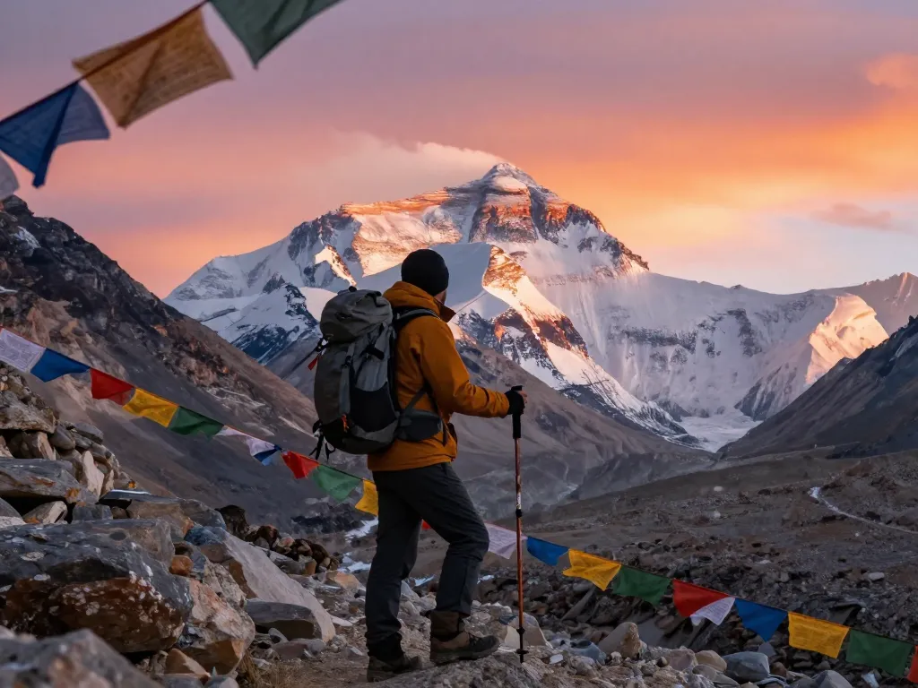 Adventurer reaching Everest Base Camp with breathtaking views of snow-capped peaks and Khumbu Glacier at sunrise.