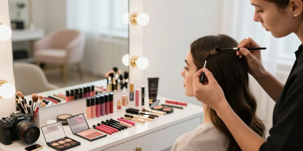 Client receiving expert application of Skone Cosmetics Brow Wand in a chic makeup studio.