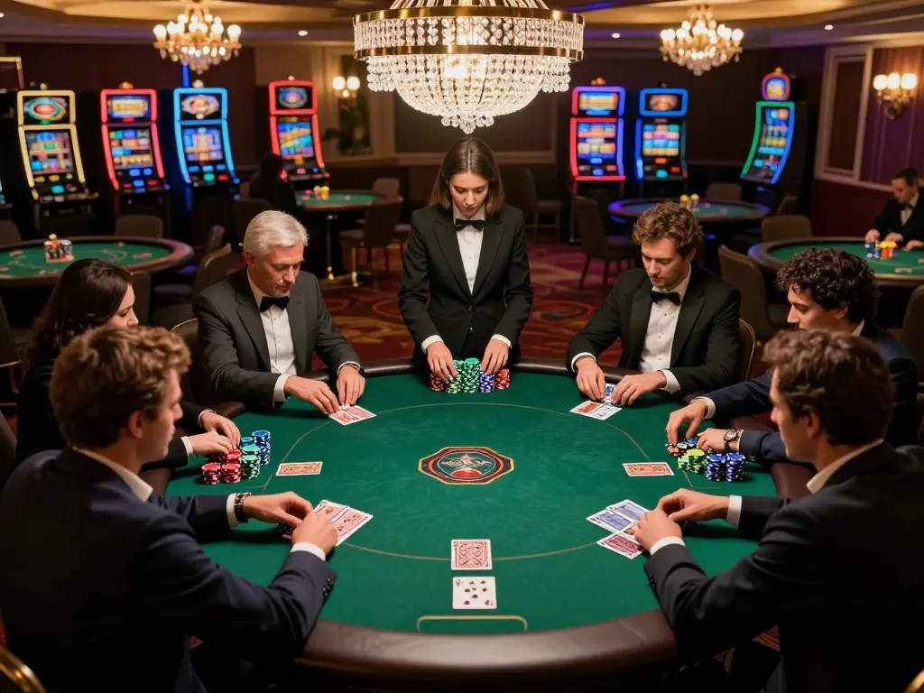 Boca Raton Construction Litigation Lawyer focused on strategic poker game among elite players in luxurious casino.