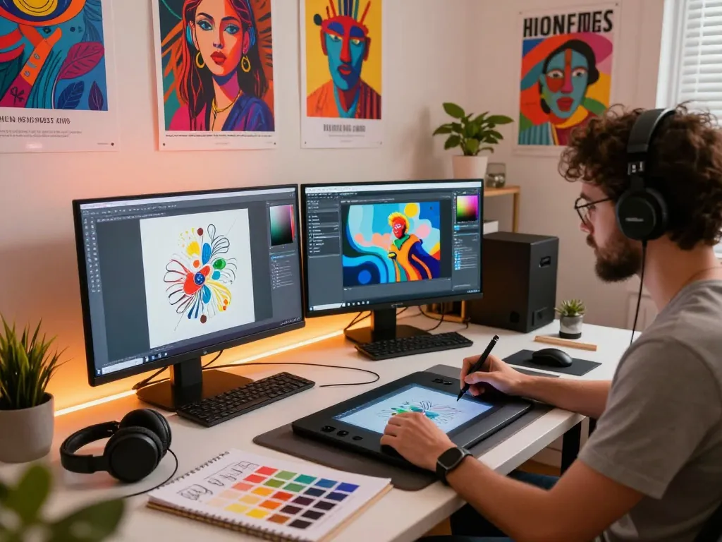 Innovative artist creating stunning NSFW AI art in a vibrant digital studio.