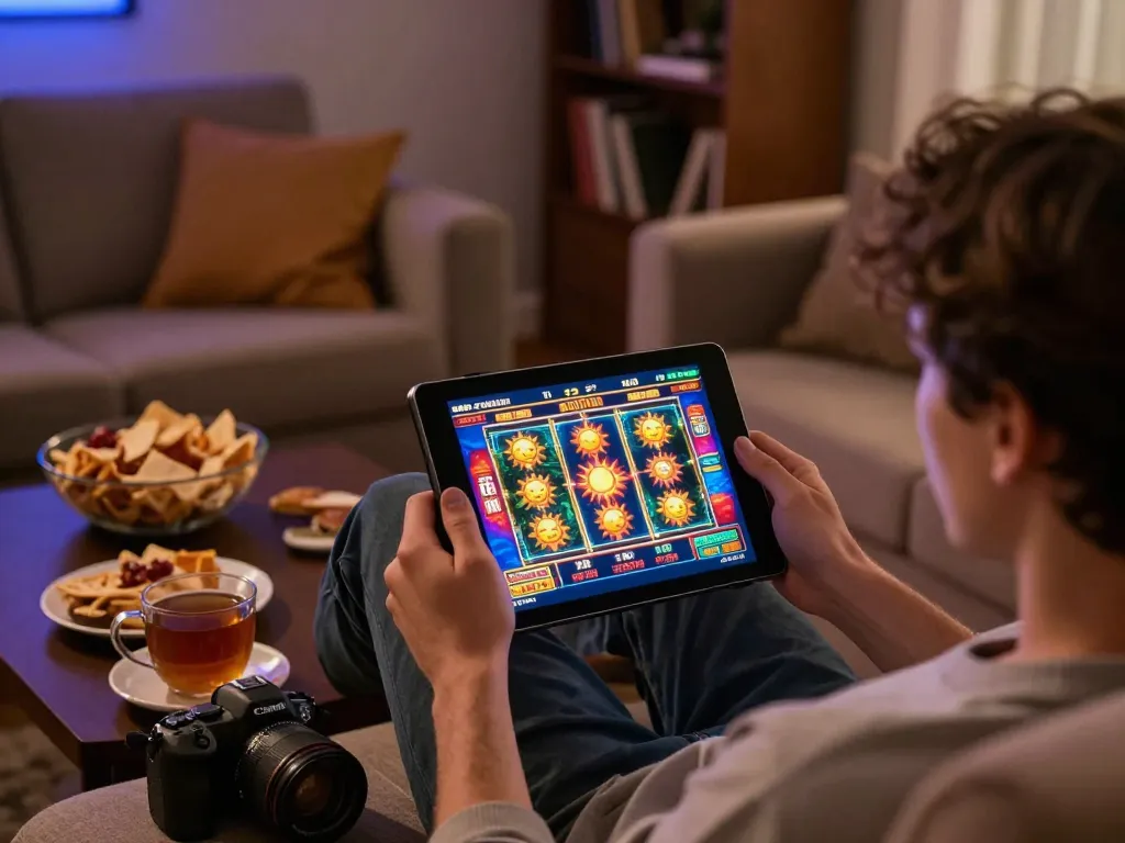 Engaging online gameplay with sun win gaming interface shown on tablet in cozy home setting.