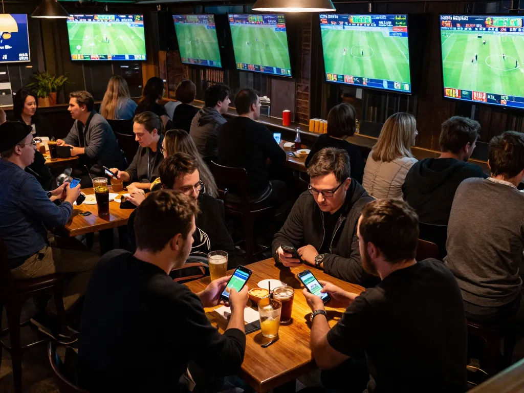 People engaging with keobongda sports betting app in a lively sports bar, screens showing live games.