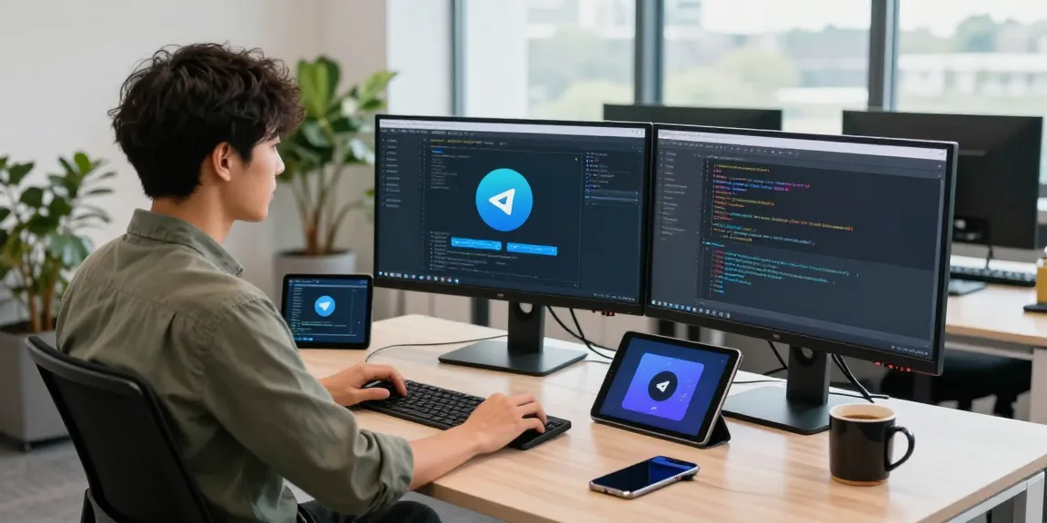 Developer coding Telegram Chinese working app in modern office.