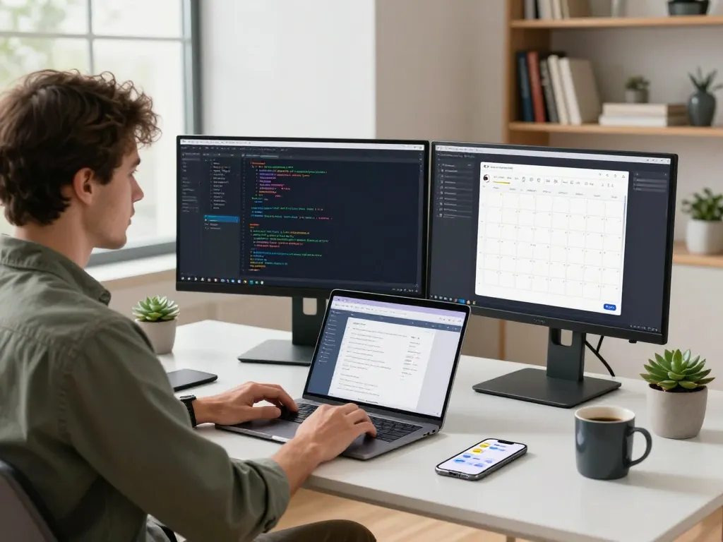 Developer utilizing OpenClaw AI in a modern workstation with dual monitors and natural light.
