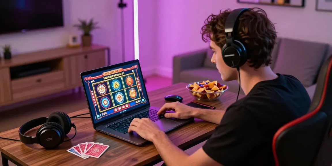 Joueur jeune profitant des jeux dans un casino en ligne fiable dans un cadre domestique vibrant avec des accessoires de jeu.