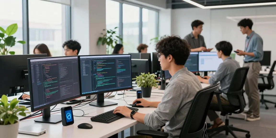 Developer working on 纸飞机中文版 in a modern tech office, showcasing an innovative workspace.