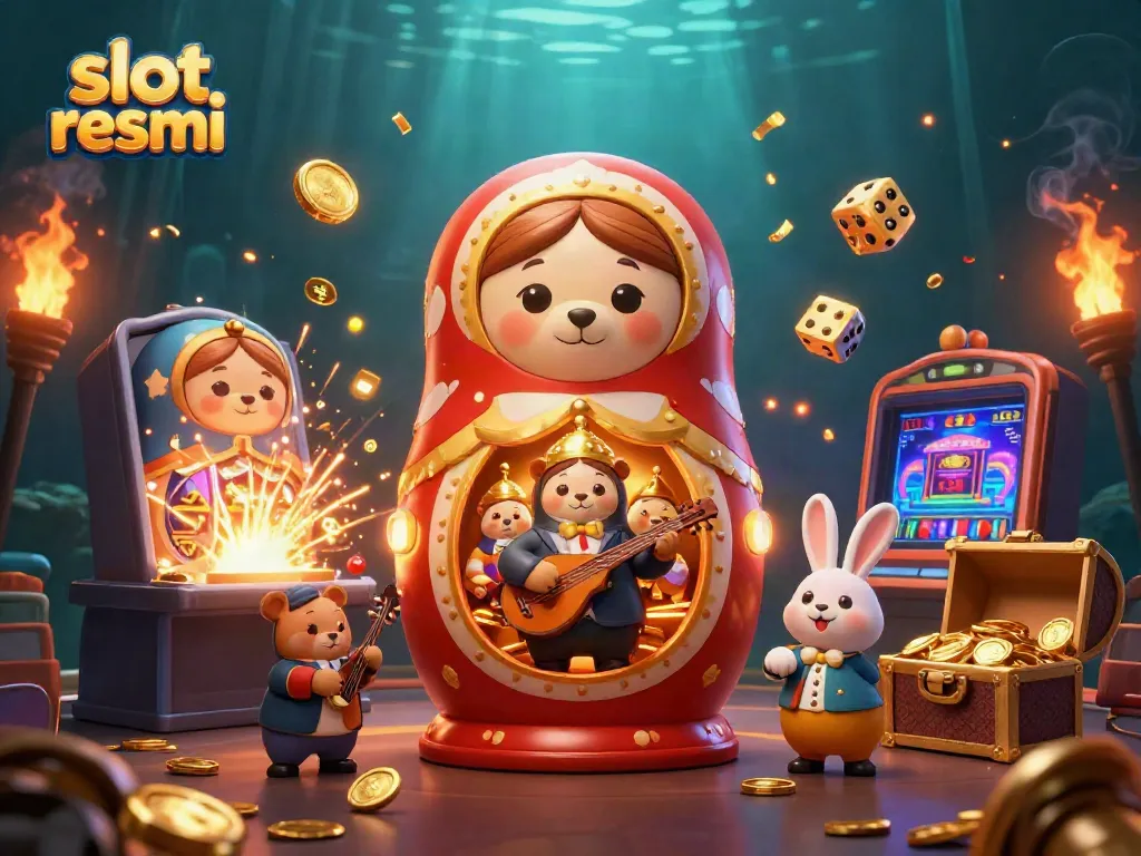 Engage in slot resmi gaming with vibrant, cartoonish casino characters amid a jackpot explosion.