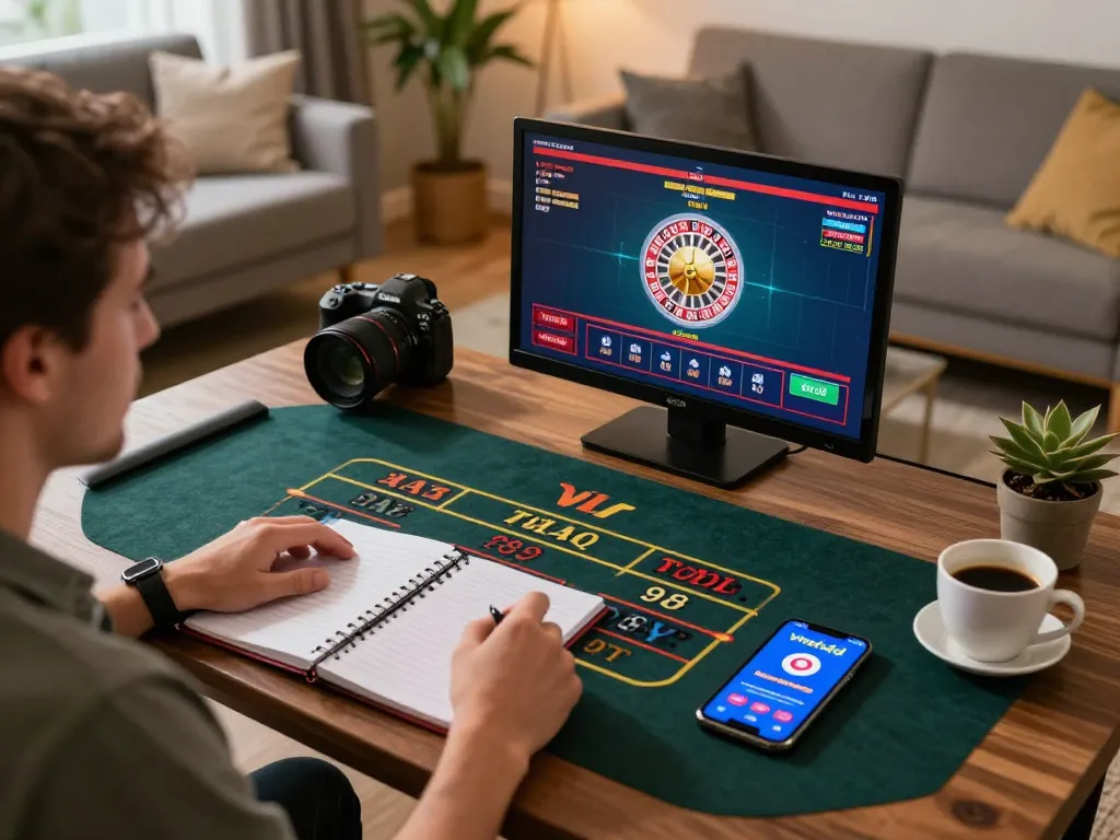 Player engaging with viral4d mobile app during online roulette game, surrounded by gaming strategy notes.