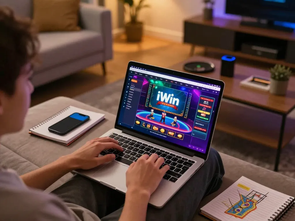 Engaging player experiences thrilling iWin online casino gameplay on a laptop from their cozy living room.