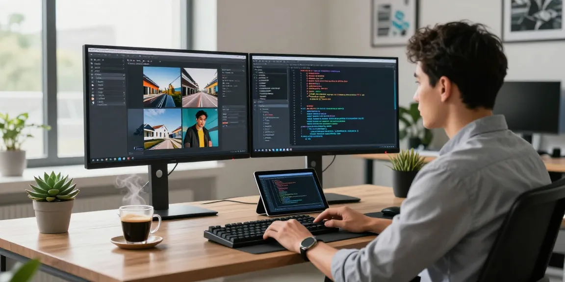 Advanced workspace with a developer using an ai image detector on multiple screens, analyzing images.