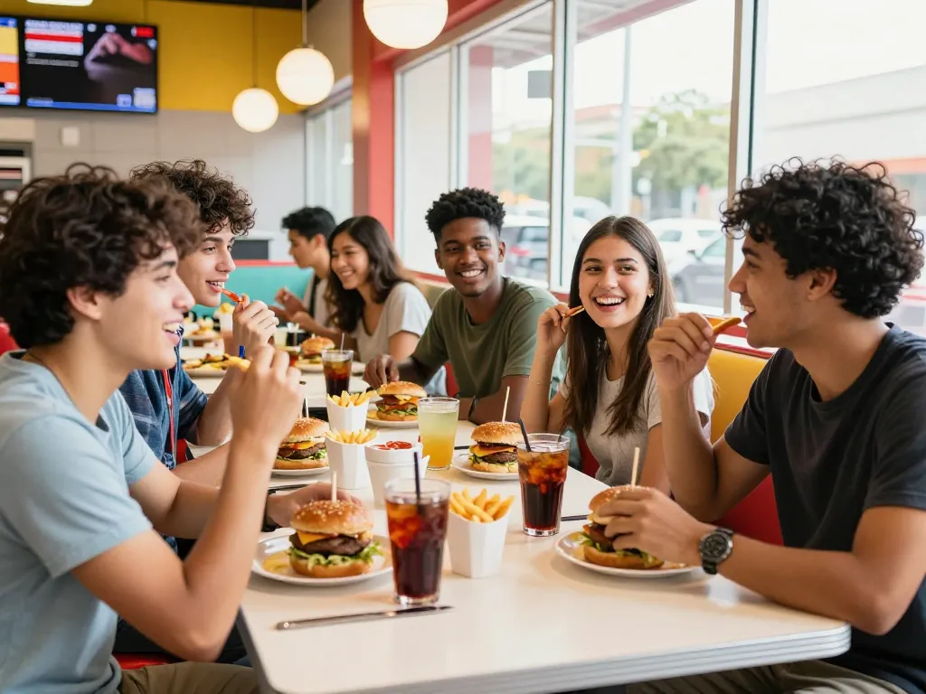 Fast food menu items on a table with friends laughing in a lively restaurant.