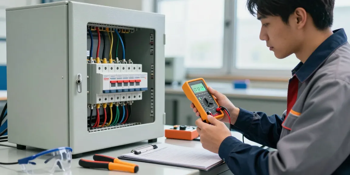 Technician examining a DC circuit breaker on a control panel in a professional electrical engineering workshop.
