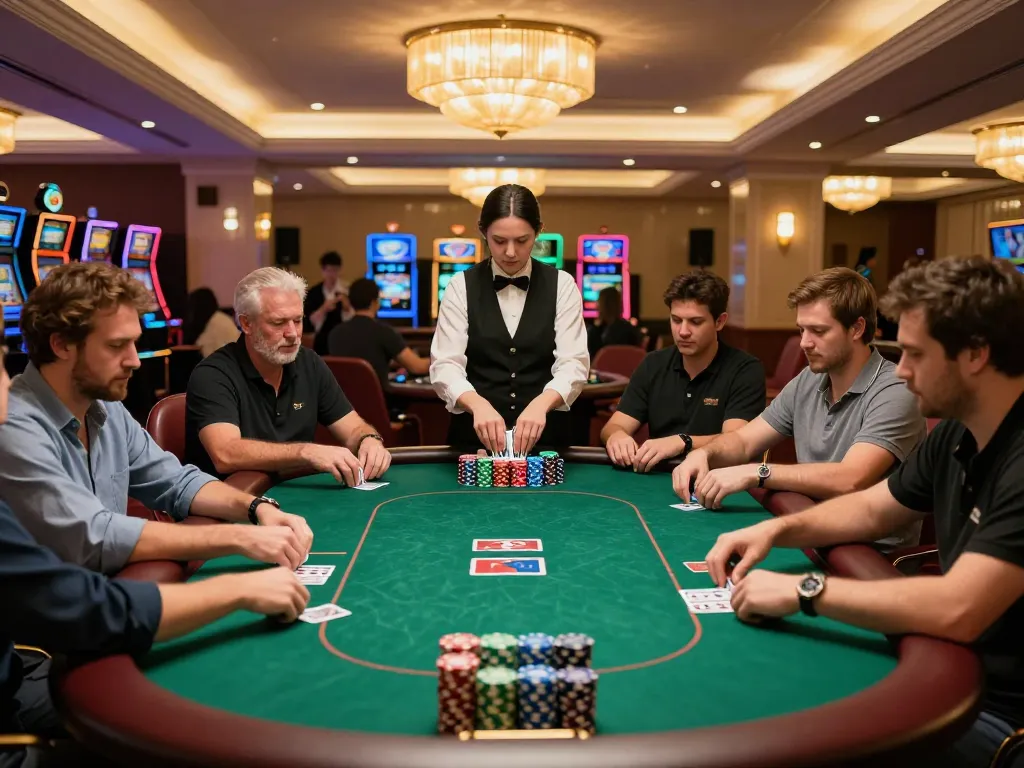 Players immersed in strategic poker gameplay at lu888 casino, showcasing intense action and atmosphere.