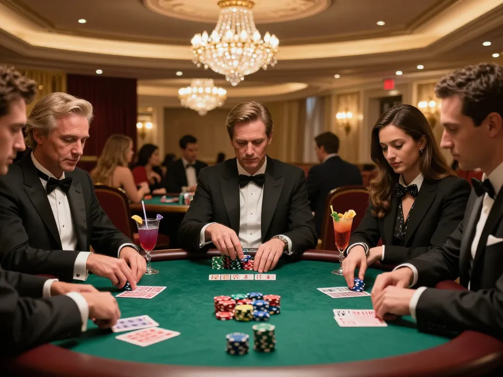 Players engage in intense strategies during high-stakes poker at a luxury casino, featuring dagelan4d-themed gaming.