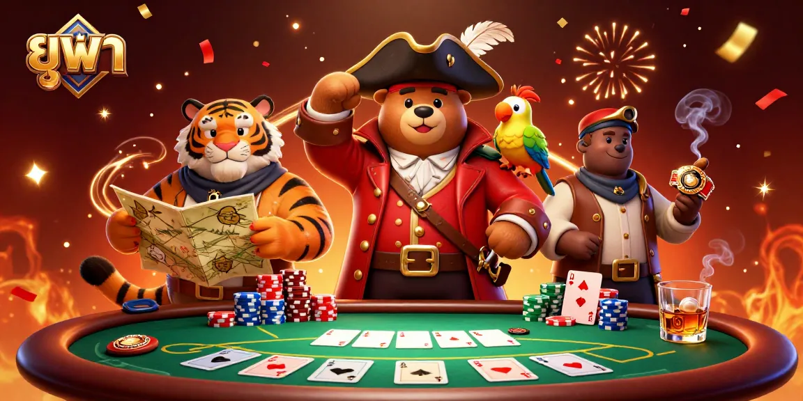 Engage in thrilling gameplay at ยูฟ่า with a pirate captain bear, tiger first mate, and poker chips.