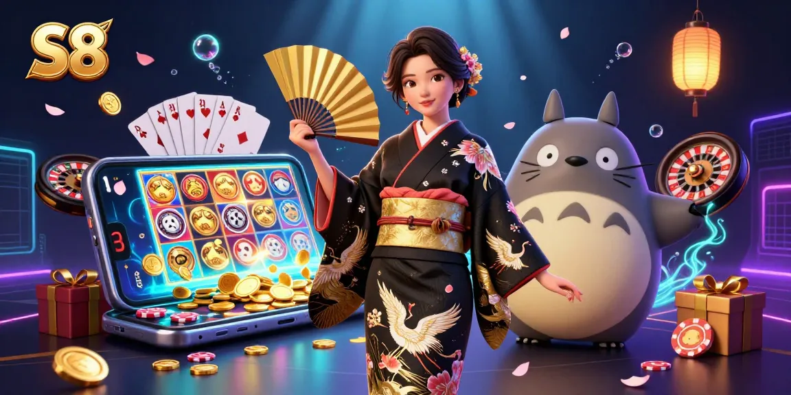 S8 promotional illustration showcasing an elegant Asian woman and tanuki amid casino game elements