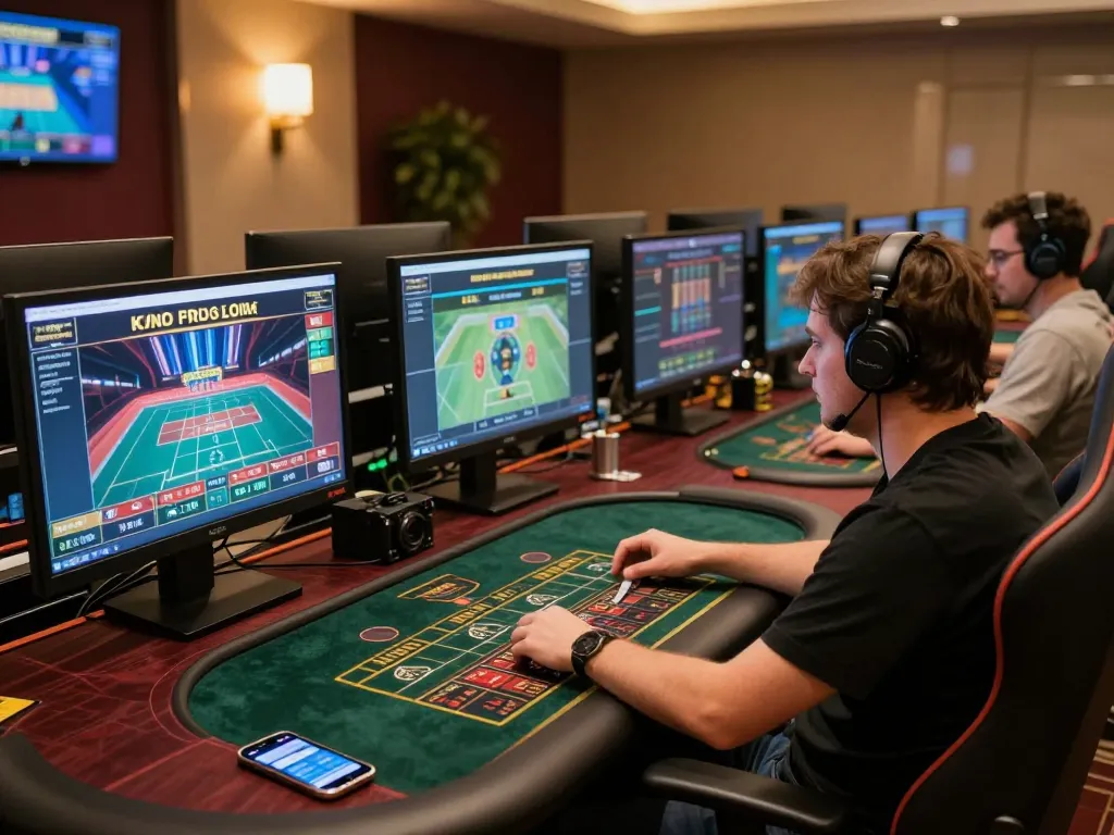 Muraibet player strategizing in a professional online gaming setup with multiple screens